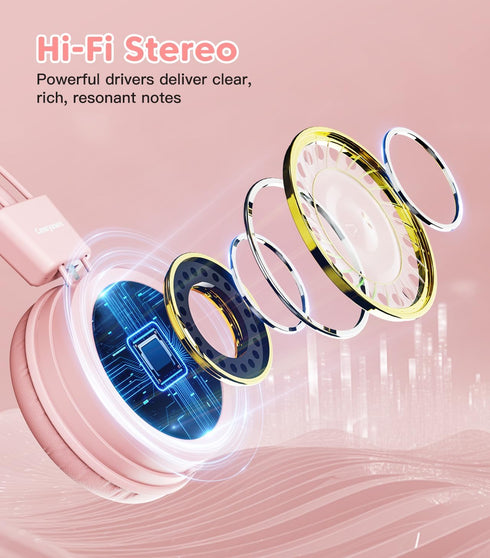 Kids Headphones, Toddler Headphones with Safe Volume Limiter 94dB, Wired School Headphones for Boys and Girls (Pink)