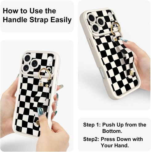 Jefonha 17 Compatible with Phone Pro Max Case with Finger Strap for Girls Women, Cute Checkered Checkerboard Phone Case