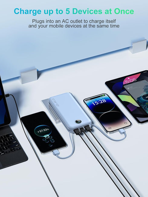 Portable Charger with Built-in Cables and AC Wall Plug, USB C 12000mAh Slim Power Bank Fast Charging for Smart Phones,