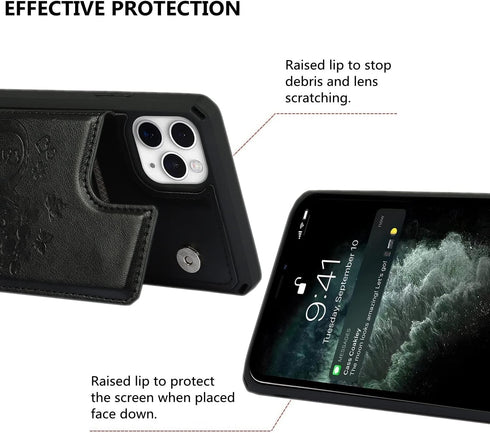iCoverCase Wallet Phone Case for iPhone 11 Pro Max, RFID Blocking Card Holder, Embossed PU Leather with Wrist Strap