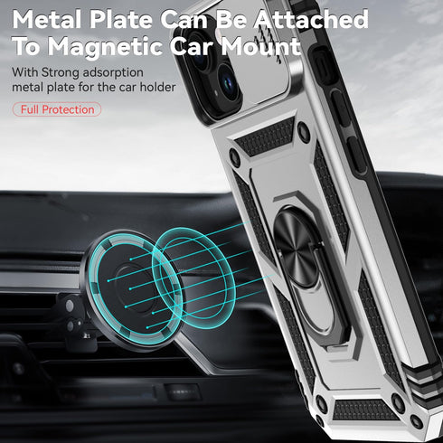 Hitaoyou iPhone 15 Case with Camera Cover & Kickstand, Military Grade Shockproof Heavy Duty Protective Case, Silver