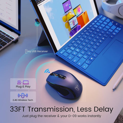 Wireless Mouse, D-09 Computer Mouse USB Cordless Mice for Laptop, 5-Level 2400 DPI, Portable for PC Mac