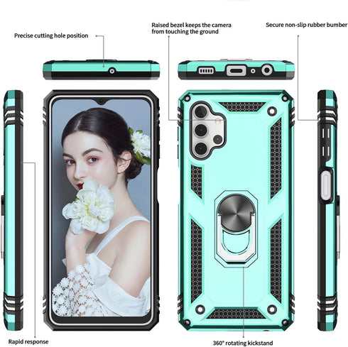 LeYi Samsung Galaxy A32 5G Case, Mint Military-Grade Kickstand Phone Case with 2 Pack Tempered Glass Protector