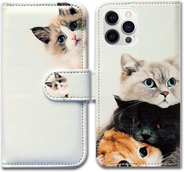 Cute Brown Cat Leather Flip Phone Case for iPhone 13 Pro Max, Wallet Cover with Card Slot Holder and Kickstand