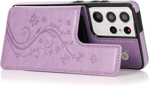 Samsung Galaxy S21 Ultra Phone Case, Purple, with Tempered Glass Screen Protector, Card Holder Wallet Cover, Stand Flip
