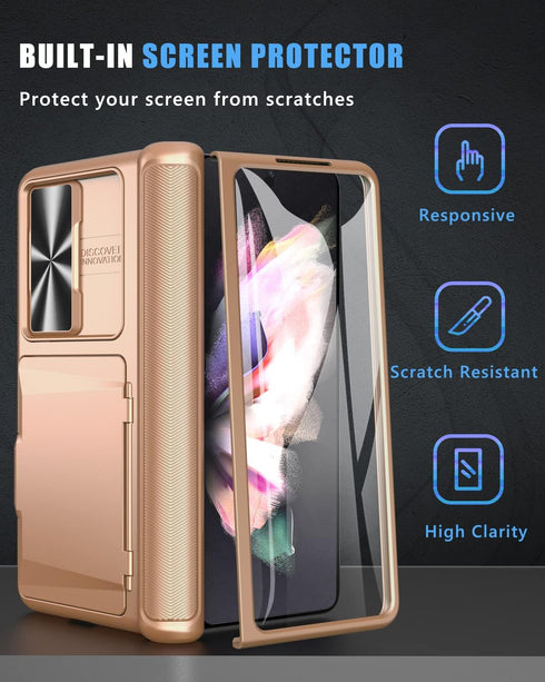 Vihibii for Samsung Galaxy Z Fold 3 Case - Hinge Protection, Credit Card Slot, Kickstand Design, Slide Camera Cover &
