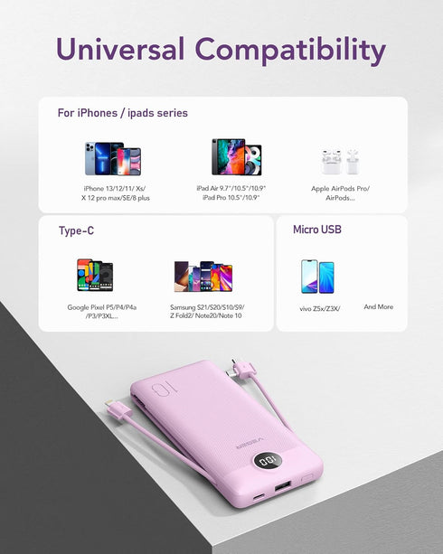 VEGER Portable Charger 10000mAh for iPhone, Built-in Cables and Wall Plug, Slim Fast Charging Power Bank - Purple
