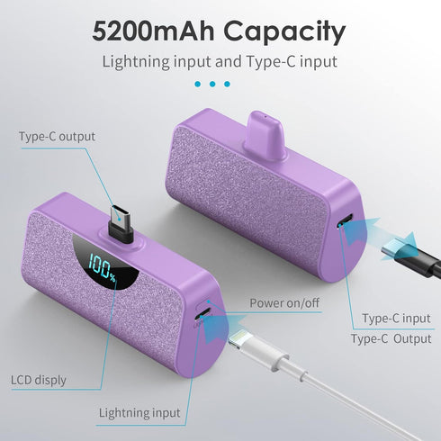 USB-C Portable Charger Power Bank 5200mAh, Ultra Compact LCD Display Backup Charger for iPhone 15, Samsung, Android