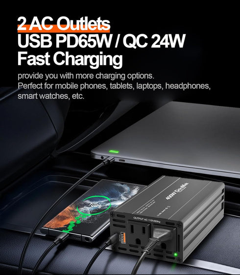 DrimMek 400W 12V 110V 65W 24W Car Power Inverter - Dual DC to AC Car Plug Adapter Outlets, Fast Charging USB C & Port