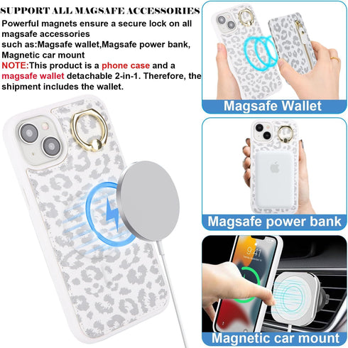iPhone 14 Plus case with Card Holder, iPhone 14 Plus Phone Case Wallet for Women magsafe Compatible Wallet Detachable 2-in-1 for Men-White Leopard