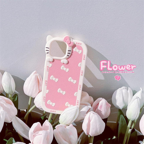 AUCAN Cute Silicone Case for iPhone 15 6.1", Pink Kawaii Soft Funny Shockproof Classic Cat Bow Cover for Girls Women