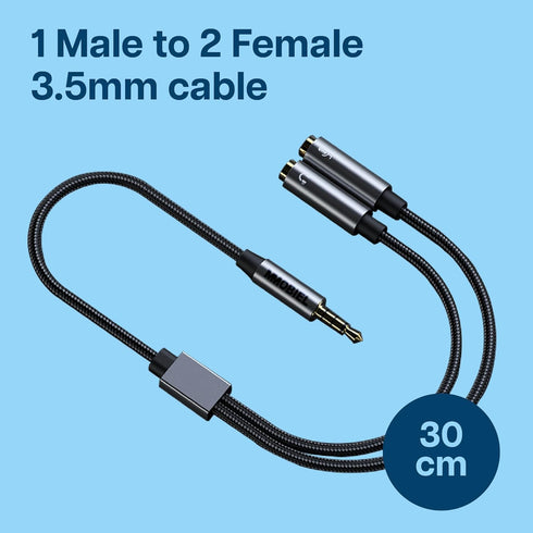 MMOBIEL Headphone Splitter 3.5mm – Mic and Audio Splitter – Aux Splitter – 3.5mm 1 Male to 2 Female (Stereo and Microphone) – Compatible with Phone, Laptop, PC, Tablet, Switch, Headset, etc. 0.9 Foot