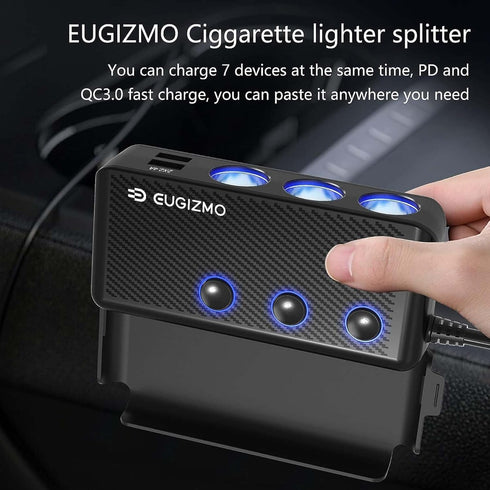 Cigarette Lighter Plug Splitter, 3 Socket 200W Car Cigarette Lighter Adapter USB Charger Extension Cord Multi Port
