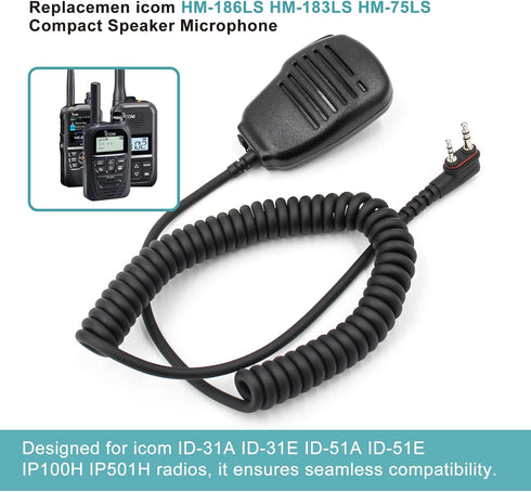 Hm-186ls Small Speaker Microphone, Compatible for Icom ID-31A ID-51A ID-52A, 3.5mm Audio Jack, 2-pin Connector