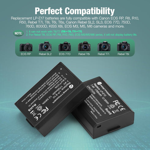 FirstPower Dual USB Charger & 2-Pack LP-E17 Battery for Canon EOS RP, Rebel T6i, T7i, T8i, SL2, SL3