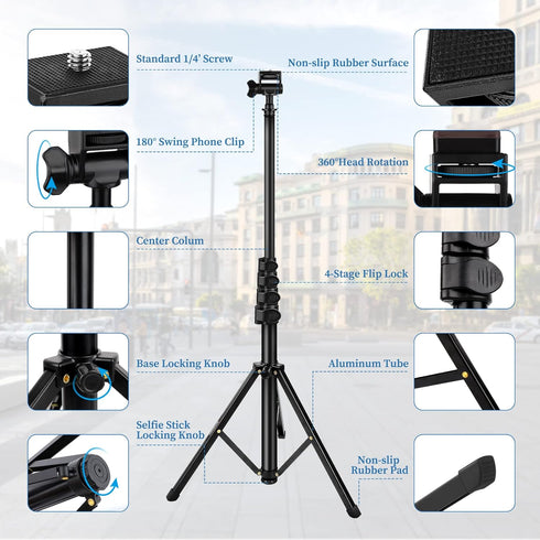 Phone Tripod, 70" Selfie Stick Tripod Stand with Remote Holder Carry Bag, Aluminum Alloy Compatible with iPhone Samsung