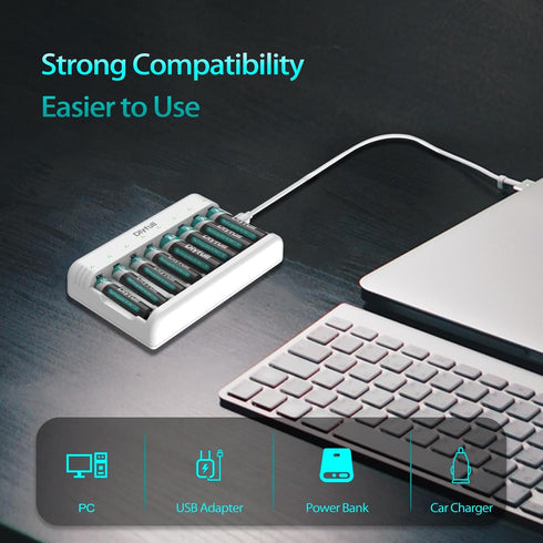 Dlyfull 8 Bay AA AAA Battery Charger with USB-C High-Speed Charging, Independent Slot for 1.2V Ni-MH Ni-CD Rechargeable
