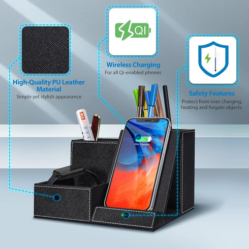 TopMade Fast Wireless Charger with Desk Organizer, Multifunctional Desktop Storage with 3 Compartments and Phone Stand