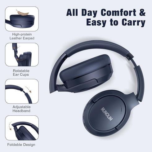 RUNOLIM Hybrid Active Noise Cancelling Headphones, 65H Playtime, Built-in Microphone, Bluetooth Wireless Over Ear