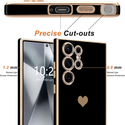 Teageo Black Case for Samsung Galaxy S24 Ultra 5G, Cute Love-Heart Luxury Soft Back Cover with Full Camera Protection