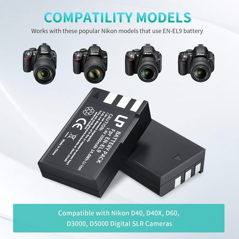 EN-EL9 EN EL9a Battery Pack, 2-Pack Rechargeable Li-Ion Battery Set, Compatible with Nikon Cameras