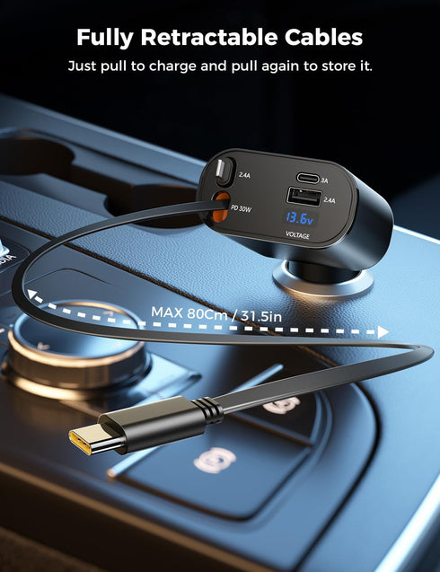 ?Upgraded? SUPERONE 4 in 1 Retractable Car Charger, Fast Car Phone Charger with 2.6ft Cord, USB C and Apple Adapter,