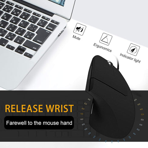 Wired Optical Vertical Mouse, Ergonomic with 4 Adjustable DPI 800/1200/2000/3200, 5 Buttons USB for Large Hands
