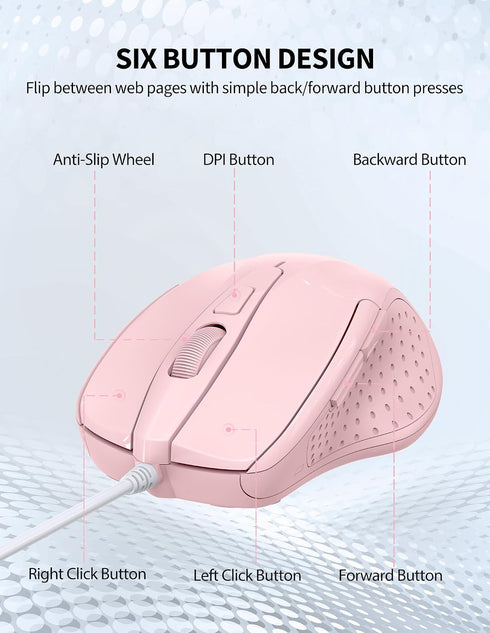TECKNET 6-Button 4 5FT Wired Mouse, Corded with Adjustable DPI, Optical Ergonomic Design, Cord for Laptop, Chromebook