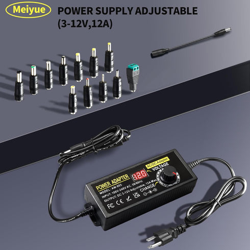 Universal Power Supply Adjustable 3V~12V, 12A 144W Variable Switching Adapter, 100V-240V AC to DC Converter with 14 Tips
