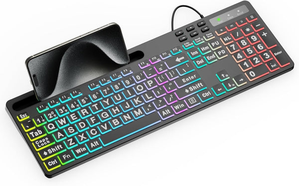 MARVO Large Print Backlit Keyboard, WK712 Wired Computer Keyboard with 7 Colors & 11 Modes for Windows, Mac