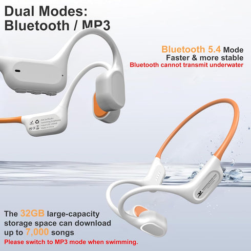 IP68 Swimming 32GB MP3 Swimming/Surfing/Marathon/Cycling((Beige Bone Conduction Bluetooth Headphones-SurfAudio