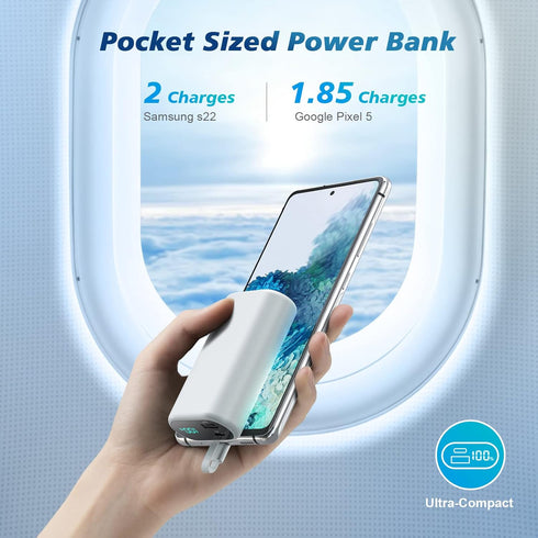 Small Portable Charger 10800mAh with Built-in USB-C Cable, Mini PD 3A Fast Charging Power Bank, LCD Display for Samsung