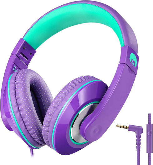 rockpapa Comfort+ Kids Headphones with Microphone, Boys Girls Student Over-Ear Wired Headphones for School, Purple Green