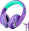 rockpapa Comfort+ Kids Headphones with Microphone, Boys Girls Student Over-Ear Wired Headphones for School, Purple Green