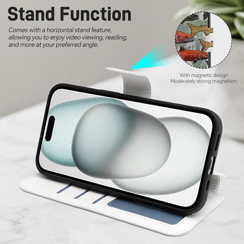 ZHANLEI 15, Salmon Printed Phone Wallet Case for iPhone PU Leather Flip Phone Cases Cover with Card Slots and Wrist