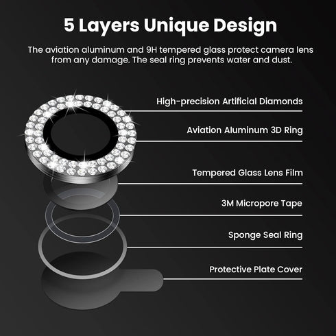 Tensea Camera Lens Protector for iPhone 13 Pro - Bling Tempered Glass Cover, Cute Metal Individual Lens Ring