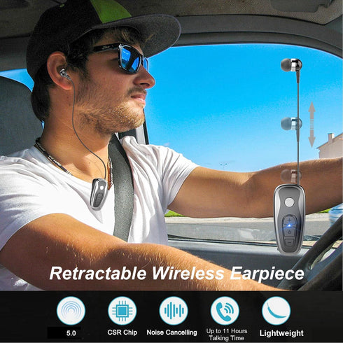Retractable Wireless Headphone Headset, V5.0 Stereo Earphone, Noise Cancelling Mic, Clip on Earpiece for Sports