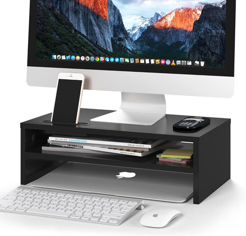 BONTEC Wooden Monitor Stand Riser, 2-Tier Desk Shelf with Storage Organizer, Ergonomic