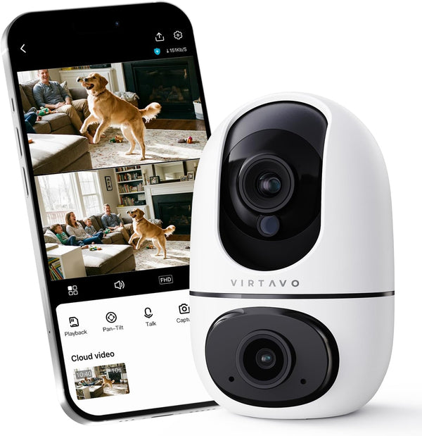 VIRTAVO XD1 Indoor Security WiFi Camera, No Subscription Required, Dual-Lens 360 PTZ Baby