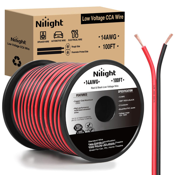 Nilight 100FT 14AWG Copper Clad Aluminum Wire, 14/2 Gauge Red Black CCA Electrical Cable for 12V/24V DC
