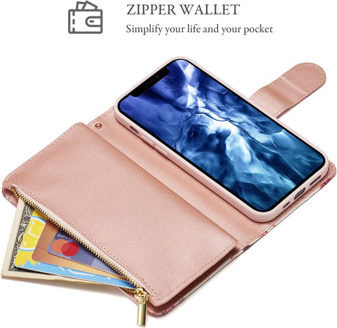 UEEBAI 13 6.1 inch, Wallet Case for iPhone Premium Vintage PU Leather Magnetic Closure Handbag Zipper Pocket Case