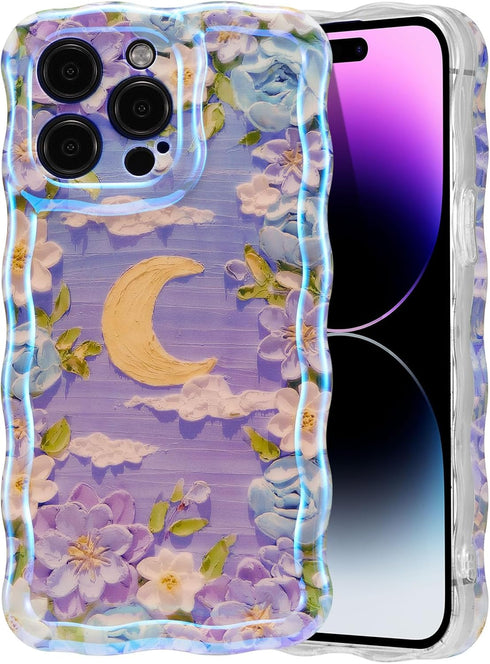 EYZUTAK iPhone 13 Pro Max Case, Colorful Retro Oil Painting Flower Moon Pattern, Stylish Durable TPU Cover - Purple