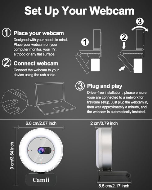 Camii 2K Webcam with Light, HD Webcam for PC with Built-in Privacy Cover, Adjustable Brightness, Noise Reduction Mics