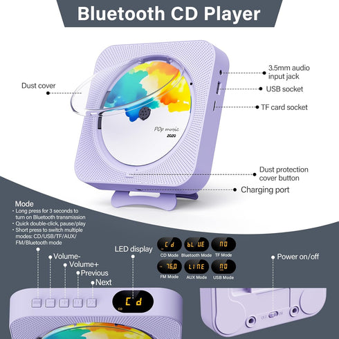 Portable CD Player with Bluetooth, Desktop CD Player with Speakers, Remote Control, LED Display, Supports CD/FM Radio