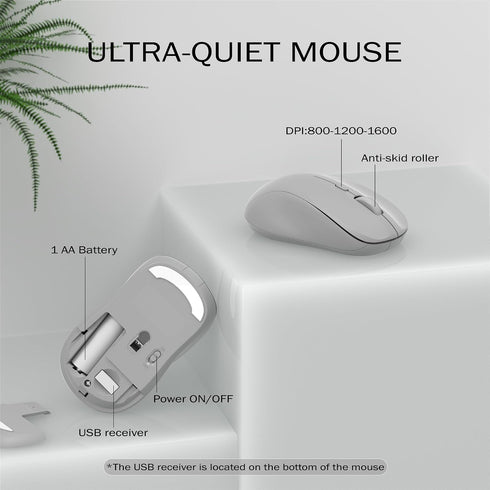 KEQTFT 110 1xUSB Wireless Keyboard and Mouse Combo, Round Quiet Keys, Adjustable Optical Mouse, Share Receiver, Power