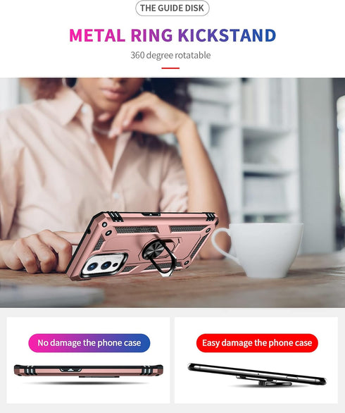 Military Grade Shockproof Case for Oneplus 9 5G, Armor Heavy Duty with 360 Metal Rotating Ring Kickstand (Rose Gold)