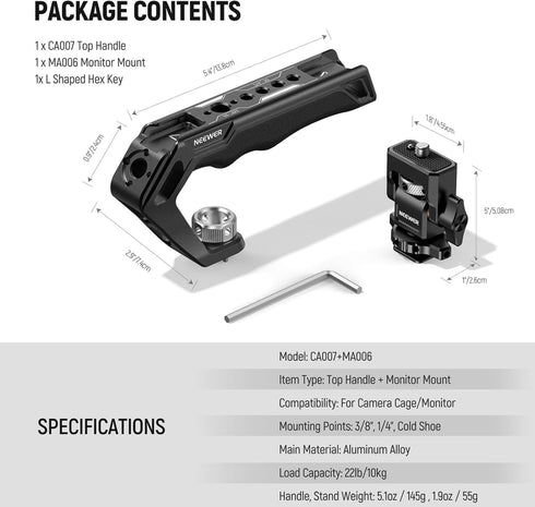 NEEWER CA007 Top Handle + MA006 Monitor Mount Set, Camera Cage Handle with 3/8" ARRI Locating for Field Monitor