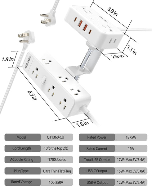 HOPOW 13 4 (2 Protector(1700 10 Dual Layer Desk Clamp Power StripWhite, Desktop Edge Mount Charging Station