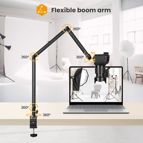 TARION Adjustable Camera Desk Mount Stand, Articulating Arm for DSLR Photography, Heavy Duty Tabletop Mount