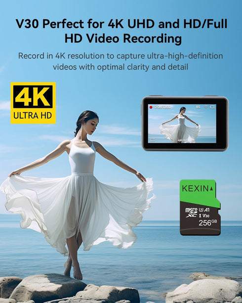 KEXIN 256GB Micro SD Card with SD Adapter, microSDXC Memory Card UHS-I A1 V30 U3 for Smartphone Tablet Action Camera
